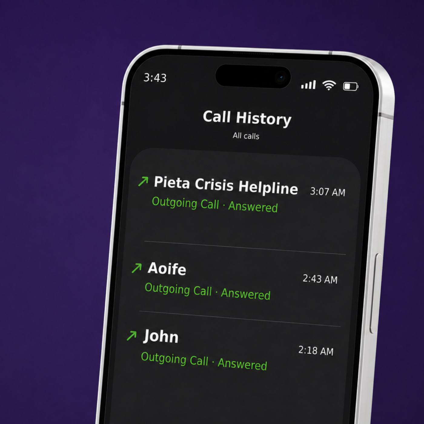 Smartphone screen displaying a call history list with three answered outgoing calls, including one to 
